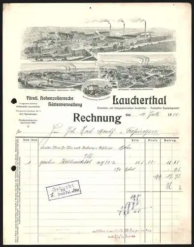 Rechnung Laucherthal 1912, Fürstl. Hohenzollernsche Hüttenverwaltung, Hauptwerk, Zweigstellen und Beamtenwohnung