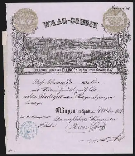 Rechnung Ellingen bei Spalt 1880, Waag-Schein, Hopfenverkauf, Anbaugebiet vor der Ortschaft, Auszeichnung
