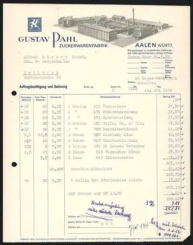 Rechnung Aalen /Württ. 1956, Gustav Pahl, Zuckerwarenfabrik, Modellansicht der Fabrikanlage, Greif-Fabrikmarke