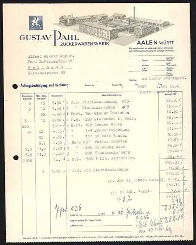 Rechnung Aalen /Württ. 1956, Gustav Pahl, Zuckerwarenfabrik, Modellansicht des Fabrikgeländes, Greif-Fabrikmarke