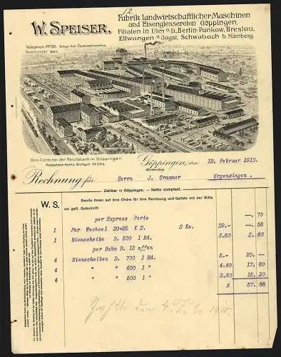 Rechnung Göppingen 1910, W. Speiser, Fabrik landwirtschaftl. Maschinen, Gesamtansicht des Betriebsgeländes