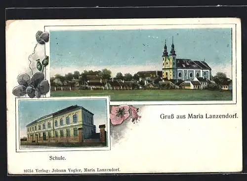 AK Maria Lanzendorf, Teilansicht mit Kirche, Schule