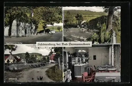 AK Schönenberg / Westfalen, Gasthaus zur Eiche, Garten, Gastzimmer, Ortspartie