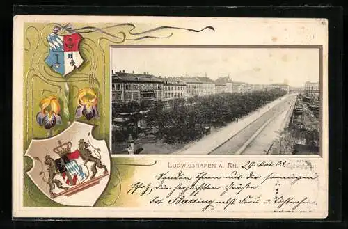 Passepartout-Lithographie Ludwigshafen a. Rh., Strassenpartie mit Litfasssäule, Wappen