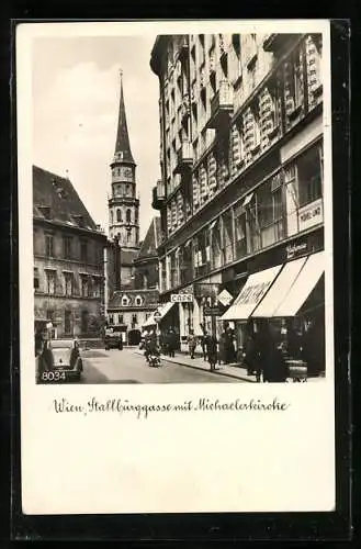 AK Wien, Stallburggasse mit Café und Michaelerkirche