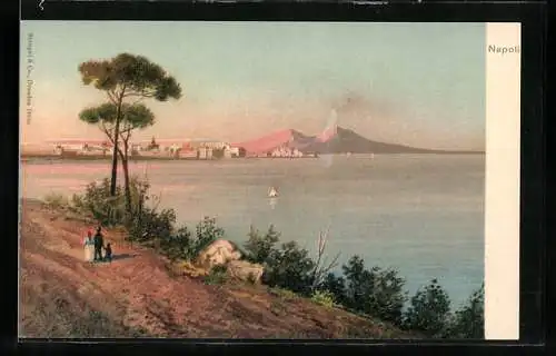 Lithographie Napoli, Uferpartie mit Blick auf den Vesuv