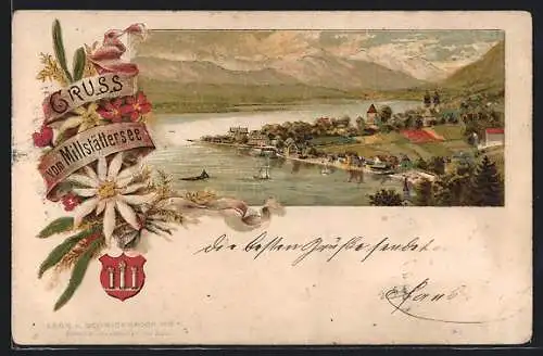 Lithographie Millstatt, Millstättersee, Panorama mit Kirche, Edelweiss