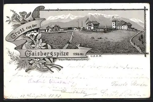 Lithographie Gaisbergspitze, Aussicht mit Berg-Gasthof