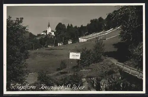 AK Radenthein, Geflügelfarm Kreuzwirt und Pfarrkirche St. Peter ob Radenthein