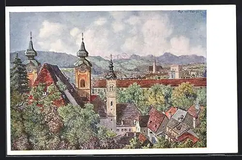 Künstler-AK Steyr, Panorama vom Tabor