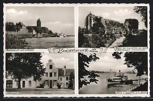 AK Düsseldorf, Kaiserwerth, Rheinansicht mit Zollhaus, Stiftsplatz, Blick v. Burgwall an d. Rhein, Ruine der Kaiserpfalz