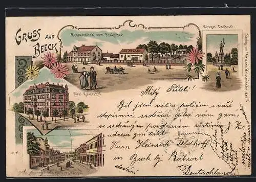 Lithographie Beeck / Ruhrort, Restauration zum Eiskeller, Hotel Kaiserhof, Kriegerdenkmal