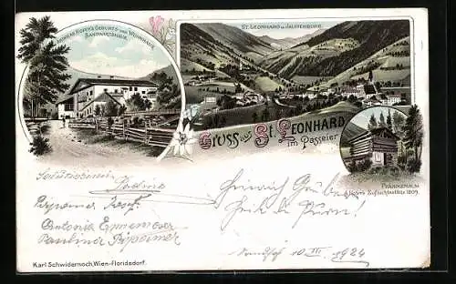 Lithographie St. Leonhard im Passeier, Andreas Hofers Geburts- und Wohnhaus Sandwirtshaus, Pfandleralm, Ortsansicht