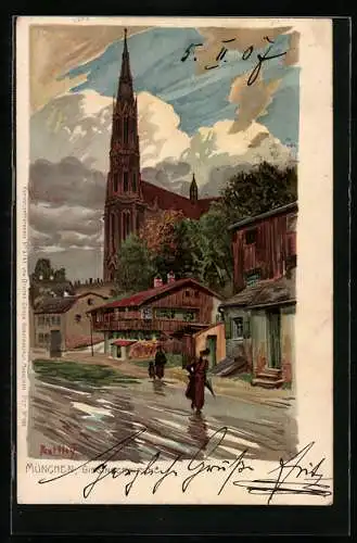 Künstler-Lithographie Paul Hey: München-Giesing, Giesingerkirche und Frau mit Regenschirm