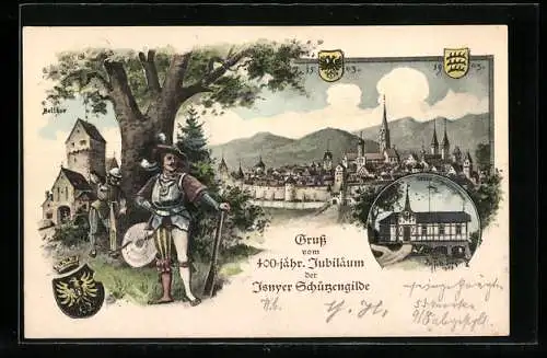 Lithographie Ganzsache PP27C40: Isny, 400-jähr. Jubiläum der Schützengilde, Neues Schützenhaus, Betthor