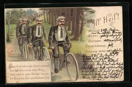 Lithographie All Heil!, Radler fahren in einer langen Schlange, Fahrrad