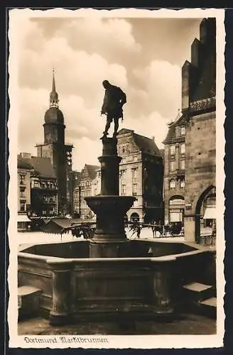 AK Dortmund, Marktbrunnen mit Blick zur Kirche