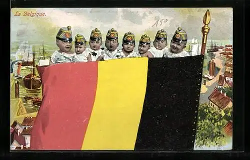 AK Belgien, Kleine Soldaten mit Schirmmütze und Fahne