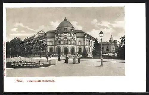 AK Basel, Universitäts-Bibliothek mit Strassenpartie und Fussgängern