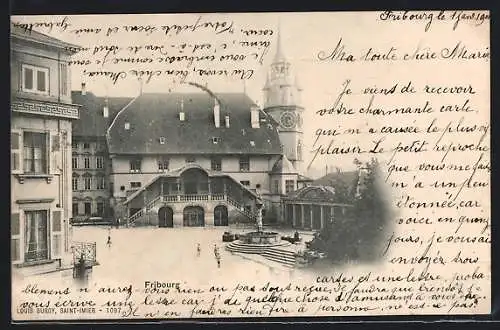 AK Fribourg, Blick auf den Platz mit Brunnen