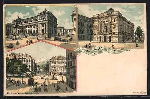 Lithographie Geneve, Victoria Hall, Strassenpartie im Zentrum