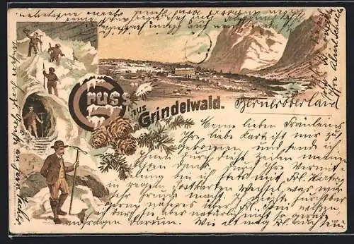 Lithographie Grindelwald, Ortsansicht mit Gebirge, Bergsteiger vor einer Gletscherhöhle