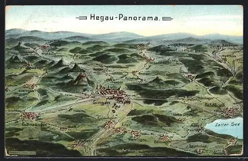 Künstler-AK Eugen Felle: Singen / Hohentwiel, Gesamtansicht aus der Vogelschau mit Umgebung des Hegau