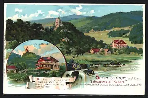 Lithographie Schenkenburg / Kinzig, Ortsansichten mit Burgruine