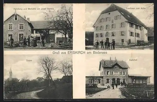 AK Eriskirch am Bodensee, Gasthaus zum Adler, Bahnhof, Handlung und Molkerei Bertele