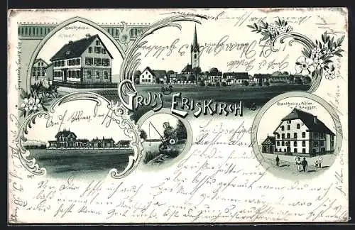 Lithographie Eriskirch a. B., Gasthaus z. Adler v. J. Brugger, Bahnhof, Gasthaus z. Anker