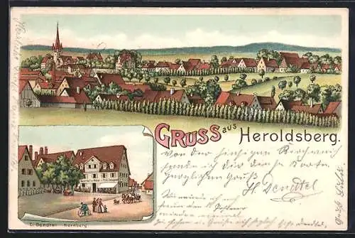 Lithographie Heroldsberg, Gesamtansicht, Gasthaus zum Bären