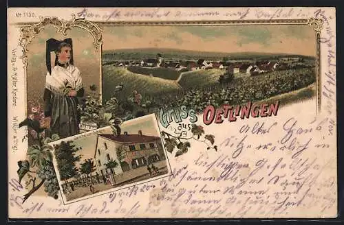 Lithographie Oetlingen, Gasthaus zum Ochsen, Ortsansicht, Frau in Tracht