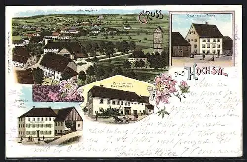 Lithographie Hochsal, Gasthaus zur Tanne, Totalansicht, Gasthaus zur Krone, Handlung von Theodor Werne