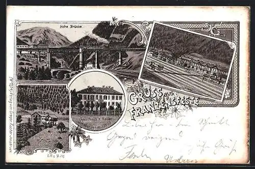 Lithographie Franzensfeste, Hohe Brücke, Gasthaus zum Reiter und Villa Wild