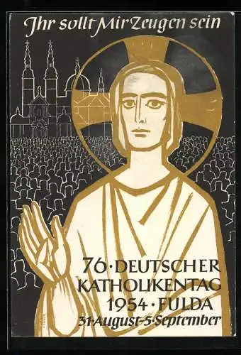 AK Fulda, 76. Deutscher Katholikentag 1954, Ihr sollt mir Zeugen sein, Prozession vor der Kirche