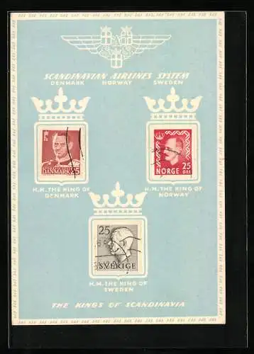 AK Scandinavian Airlines System, Briefmarken mit Porträts der Könige von Dänemark, Norwegen und Schweden