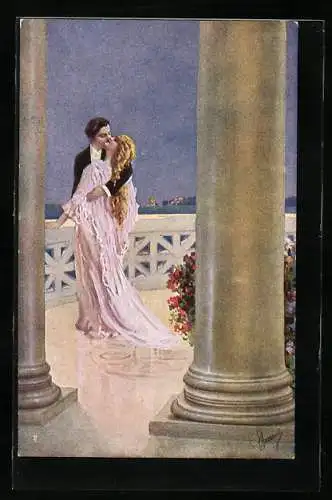 AK Liebespaar küsst sich auf einem Balkon
