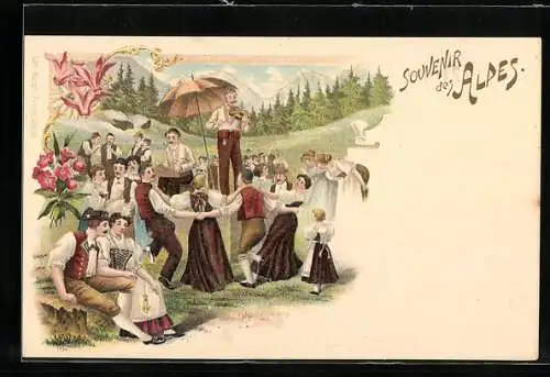 Lithographie Bergen, Alpstubete, Schweizer Volkstanz