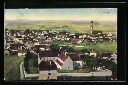 Künstler-AK Vilsbiburg, Stadt aus der Vogelschau