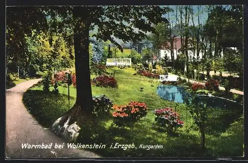 AK Warmbad bei Wolkenstein, Kurgarten mit Teich