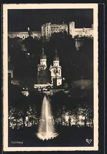 AK Salzburg, Mirabellgarten mit Brunnen und Burg