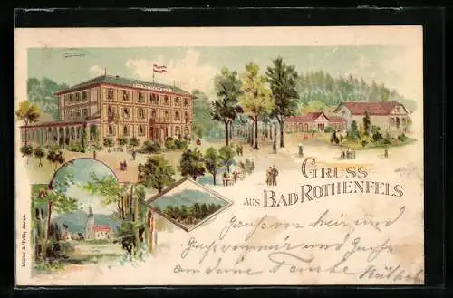 Lithographie Bad Rothenfels, Rathaus und Grünanlagen