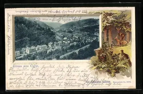 Passepartout-Lithographie Calw, Teilansicht, Rehbock und Reh