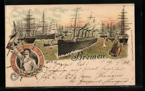 Lithographie Bremen, Schiffe im Freihafen