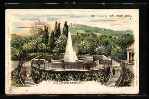 Lithographie Bad Nauheim, Der grosse Sprudel aus der Vogelschau, mit goldener Sonne