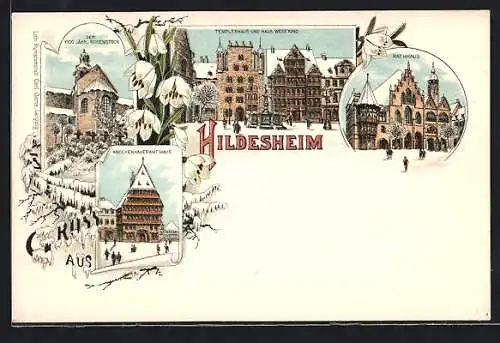 Winter-Lithographie Hildesheim, Templerhaus und Haus Wedekind, Rathaus, Der 1000 jähr. Rosenstock