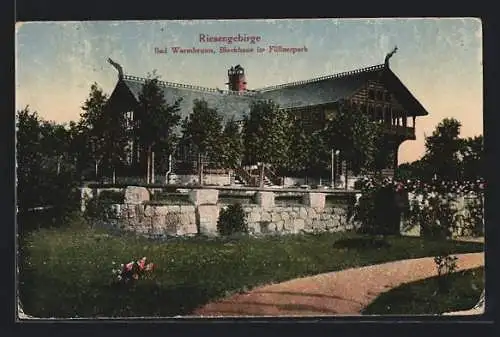 AK Bad Warmbrunn /Riesengebirge, Blockhaus im Füllnerpark