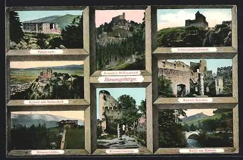 AK Hermsdorf, Panorama mit Kynast, Peterbaude, Bismarckhöhle, Kynast-Inneres, Schneegrubenbaude
