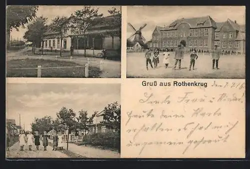 AK Rothenkrug, Strassenpartie mit Windmühle, Strassenpartie mit Kindern, Ortspartie