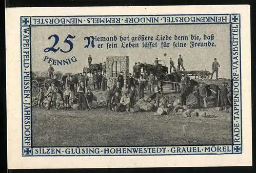 Notgeld Hohenwestedt 1921, 25 Pfennig, Bauarbeiter mit Werkzeug und Pferden